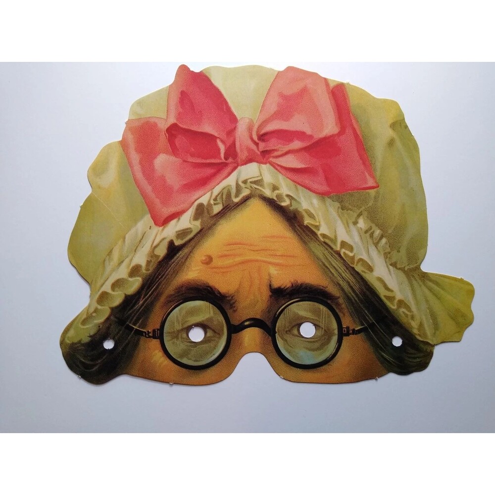 Vintage Old Woman Paper Mask Granny Bonnet Glasses Halloween Costume